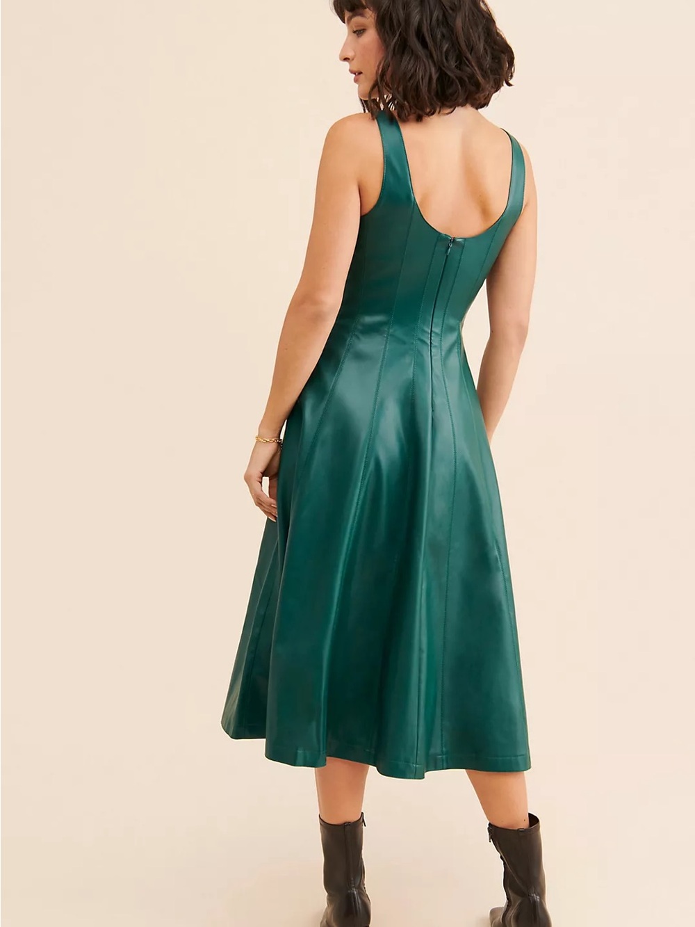 Anthropologie Avec Les Filles Vegan Leather Fit and Flare Dress Green M